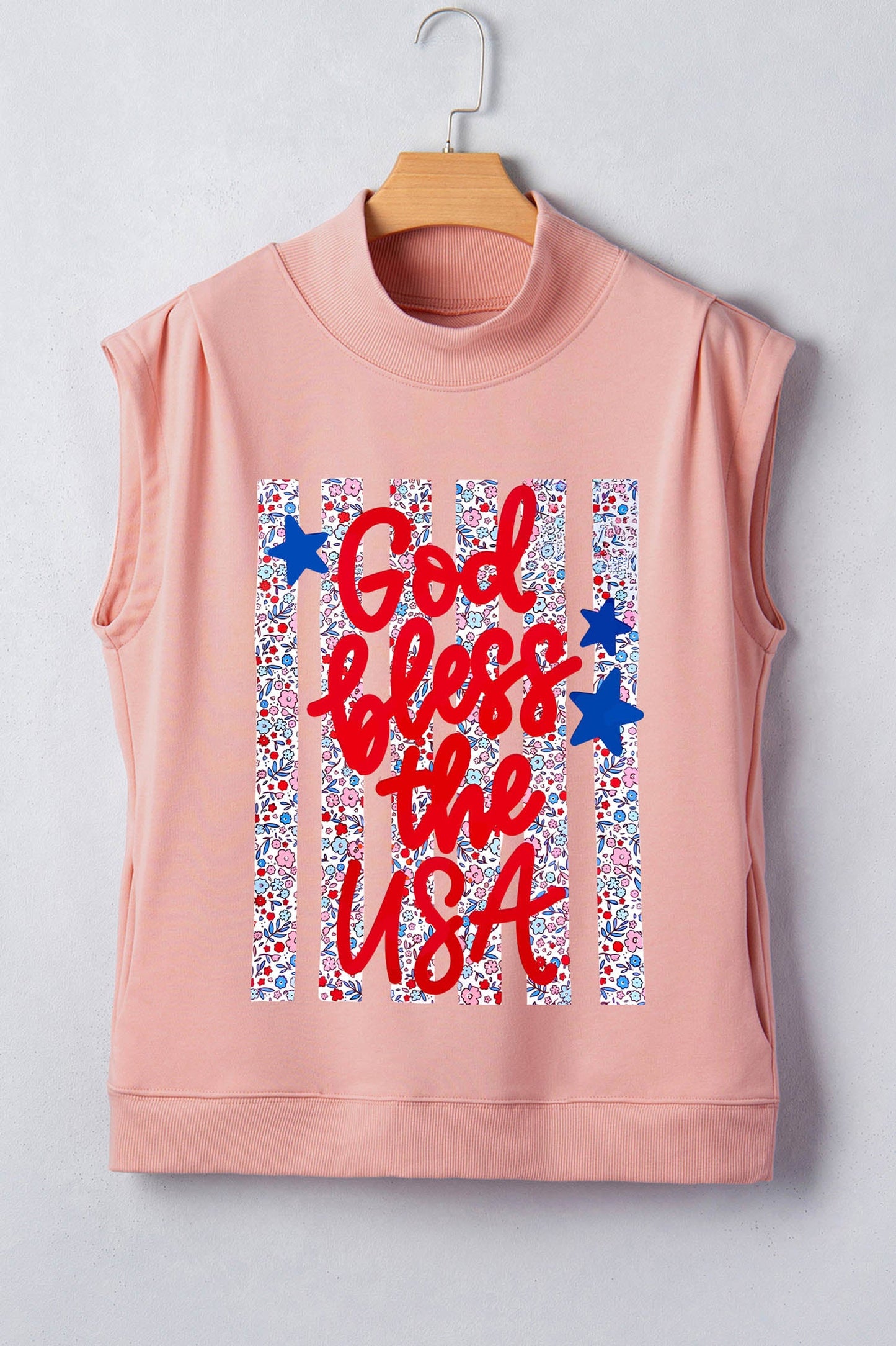 Pink God bless the USA Floral American Flag Print High Neck Short Sleeve Top