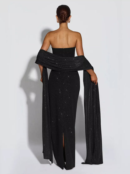 Slit Glitter Tube Maxi Dress with Scarf