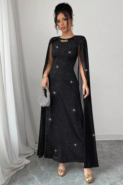 Glitter Cape-Sleeve Maxi Dress