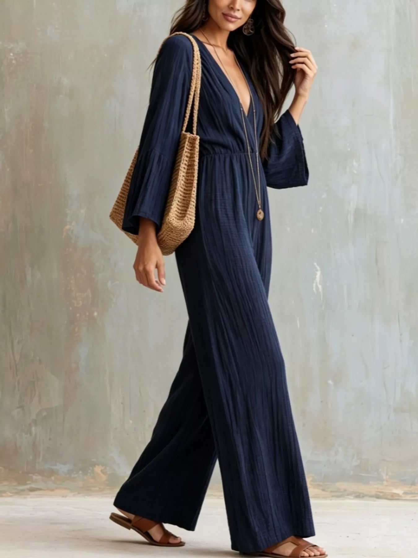 Textured Flare Sleeve Jumpsuit