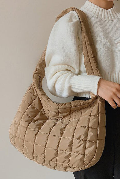Blue Zone Planet | Light French Beige Quilted Zipper Large Shoulder Bag