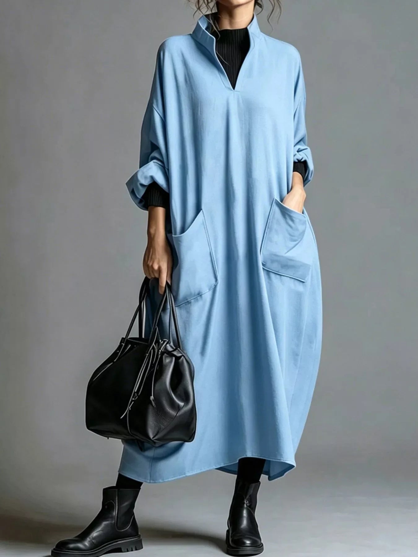 Full Size Loose-Fit Mock Neck Midi Dress with Pockets Plus Size