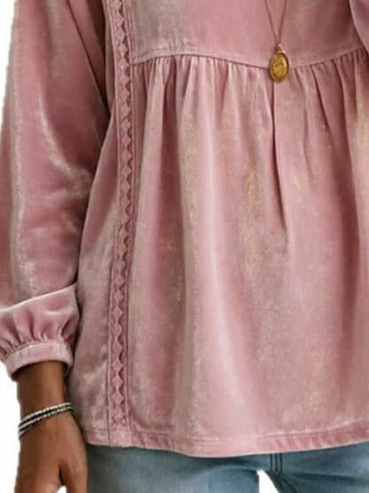 Full Size V-Neck Long Sleeve Velvet Blouse with Lace Trim Plus Size