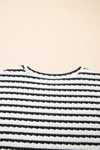 Black Stripe Knitted Short Sleeve Top and Drawstring Shorts Set