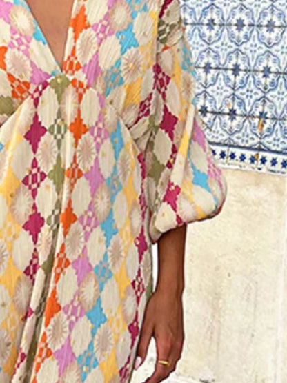 Full Size V-Neck Multi-Color Geometric Print Maxi Dress Plus Size