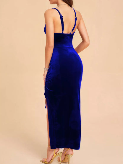 Velvet Ruched Dress with High Slit