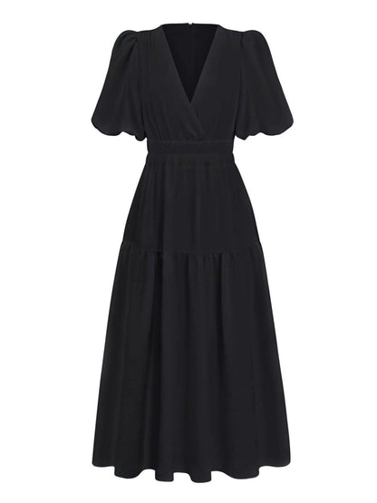 Elegant Puff Sleeve V-Neck Midi Dress