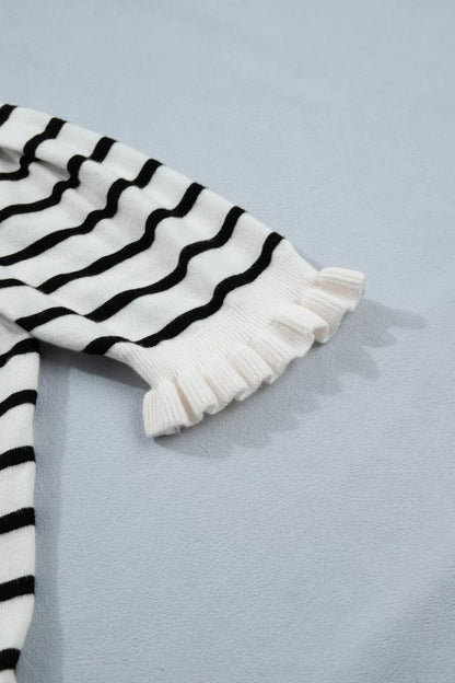 Stripe Ruffle Trim Button Down Knit Short Sleeve Sweater Cardigan
