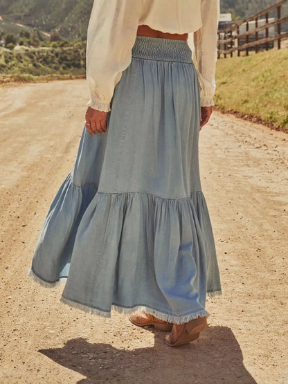 High-Low Frayed Hem Denim Skirt