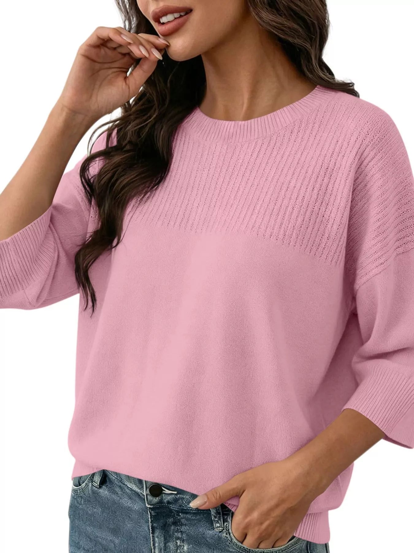 Elegant Crew Neck Eyelet Ribbed Sweater