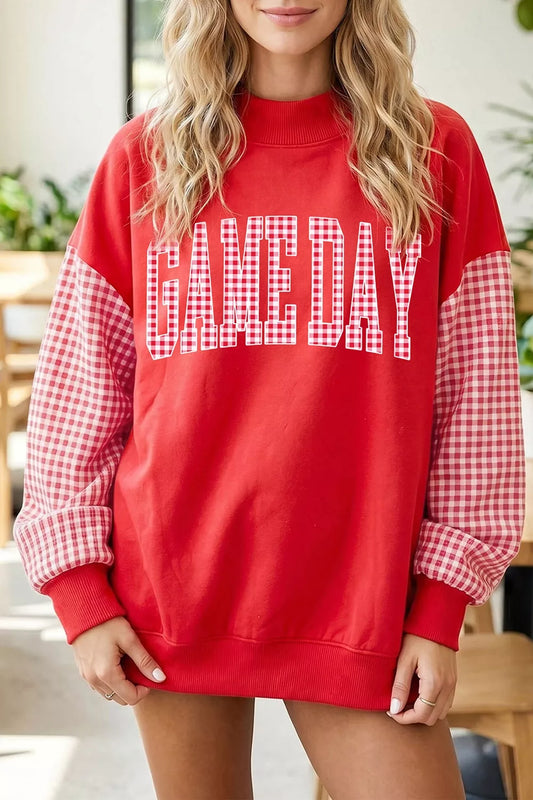 Game Day Plaid Sleeve Mock Neck Sweatshirt