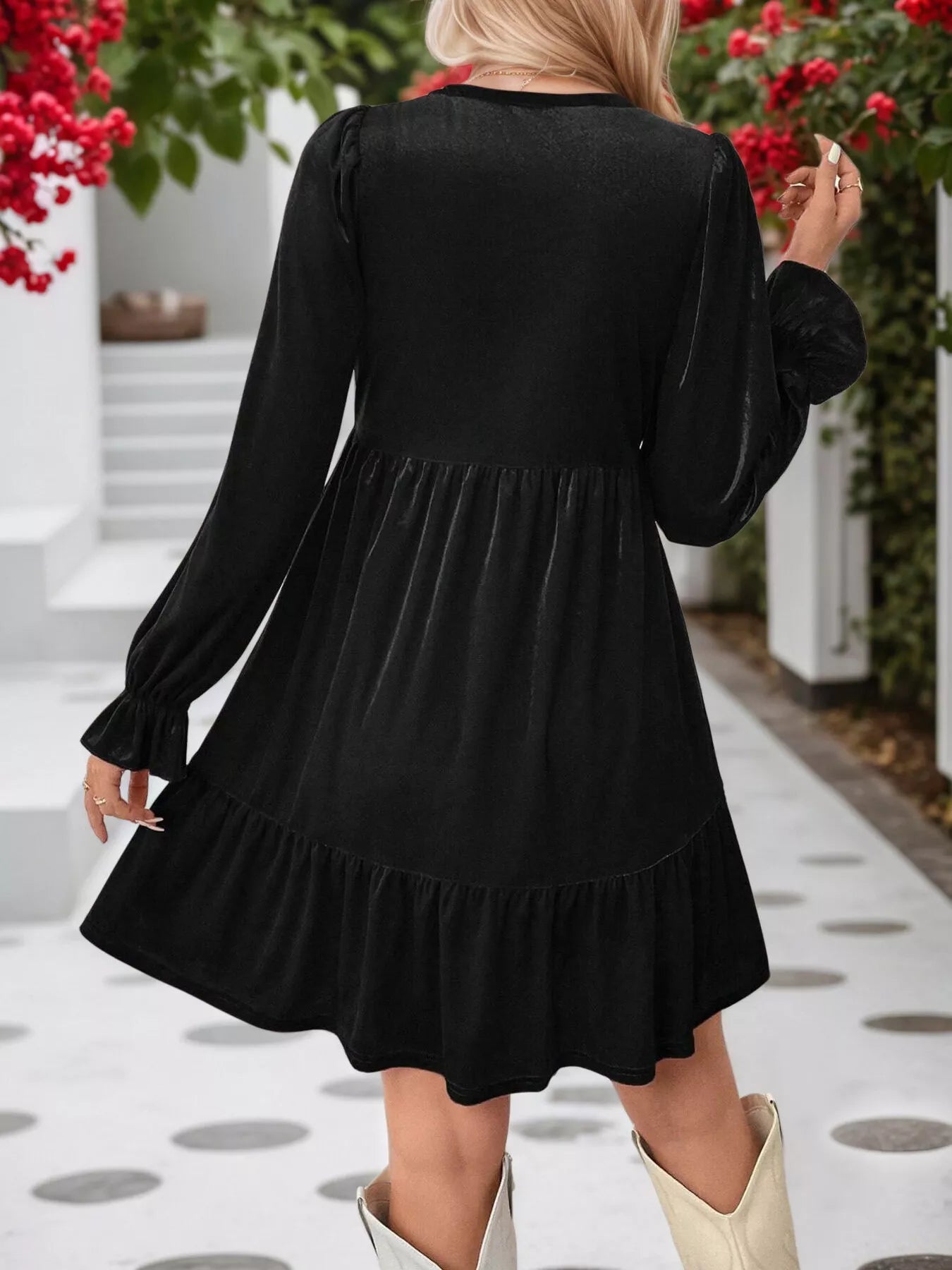 Velvet V-Neck Long Sleeve Ruffle Hem Mini Dress