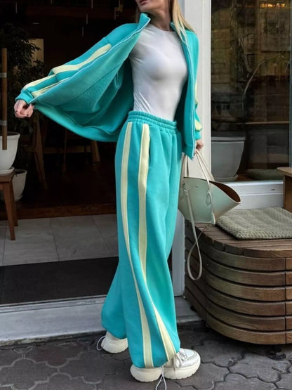Contrast Striped Zip Up Top and Pants Set