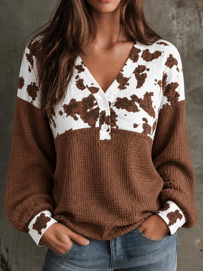 Cow Print Color Block Waffle Knit Blouse
