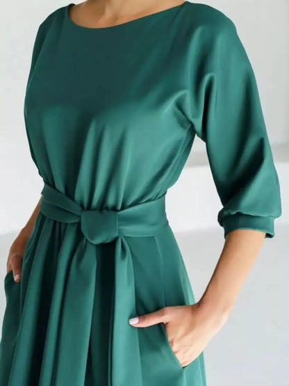 Elegant Belted Waist Midi Dress