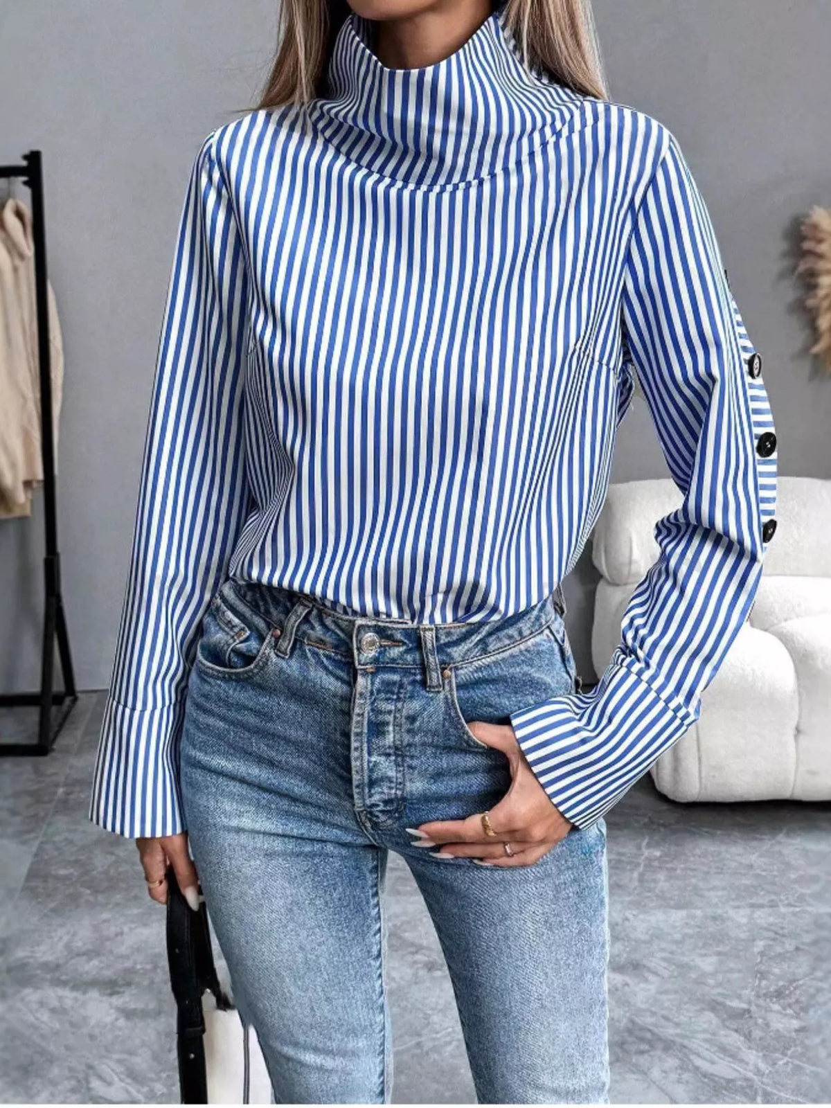 Striped Turtleneck Long Sleeve Blouse
