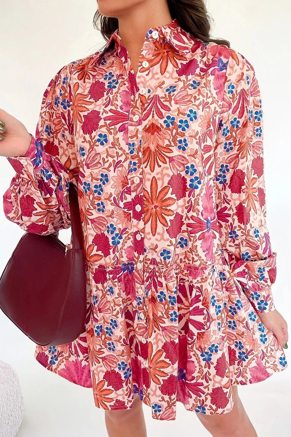 Fall Flower Print Long Sleeve Mini Dress