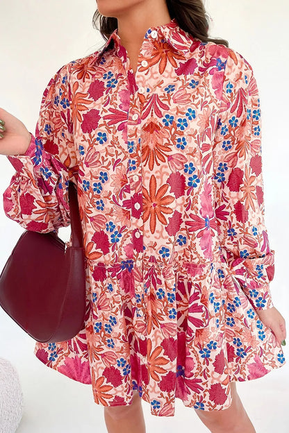Fall Flower Print Long Sleeve Mini Dress