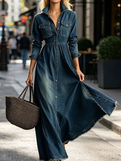 Raw Hem Long-Sleeve Denim Maxi Dress