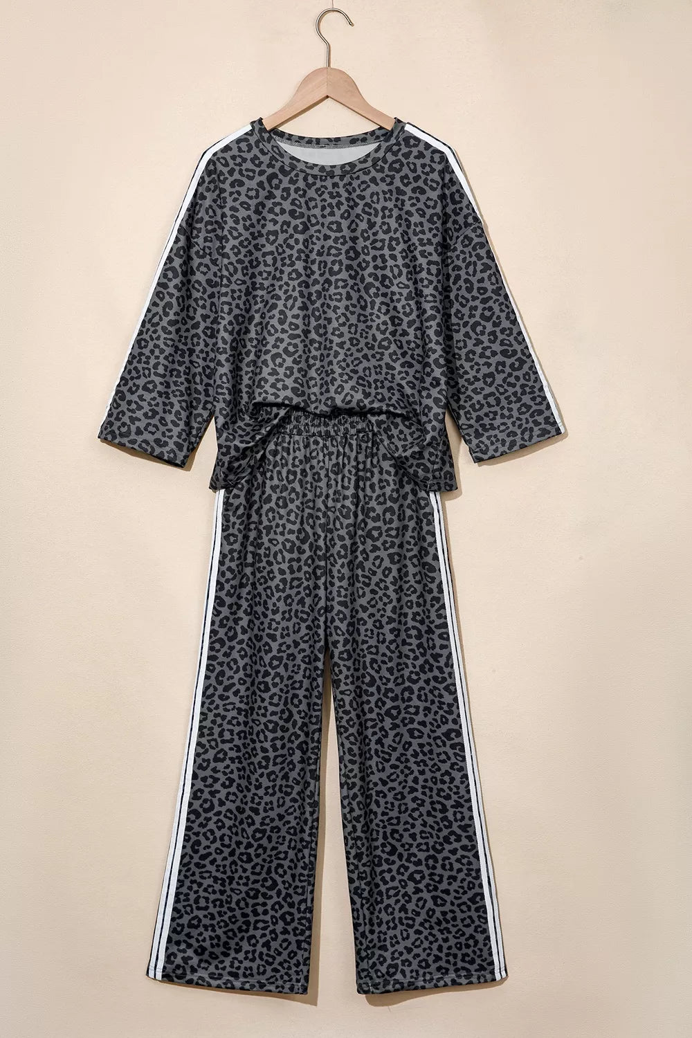 Leopard Print Varsity Striped Detail 3/4 Sleeve Top Shift Pant Set