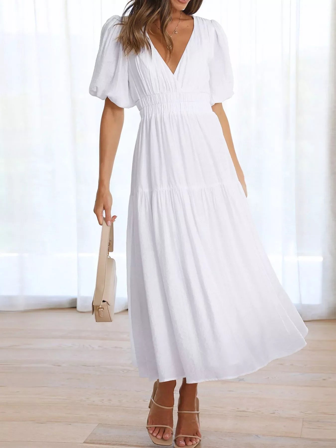 Elegant Puff Sleeve V-Neck Midi Dress
