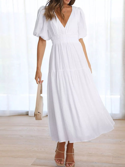 Elegant Puff Sleeve V-Neck Midi Dress