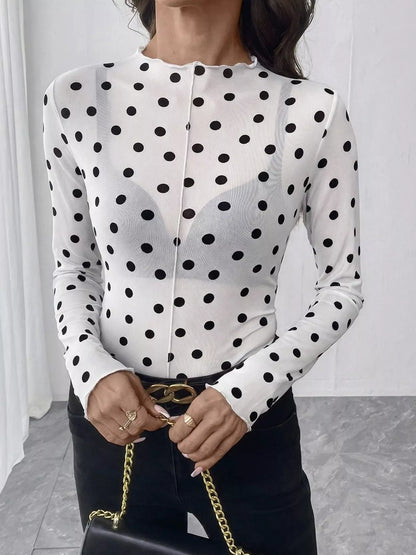 Sheer Polka Dot Long Sleeve Mock Neck Top