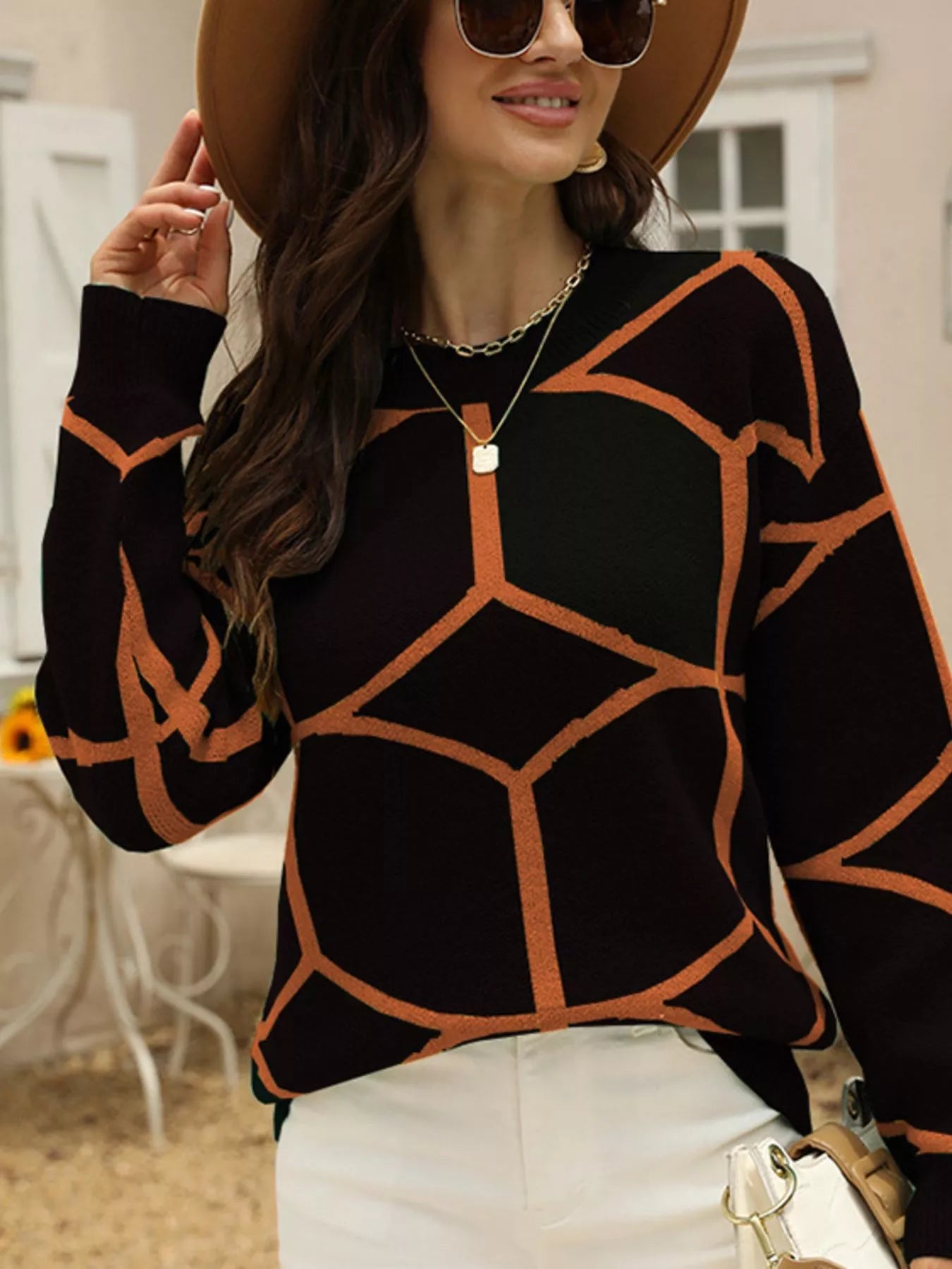 Geometric Pattern Crew Neck Sweater