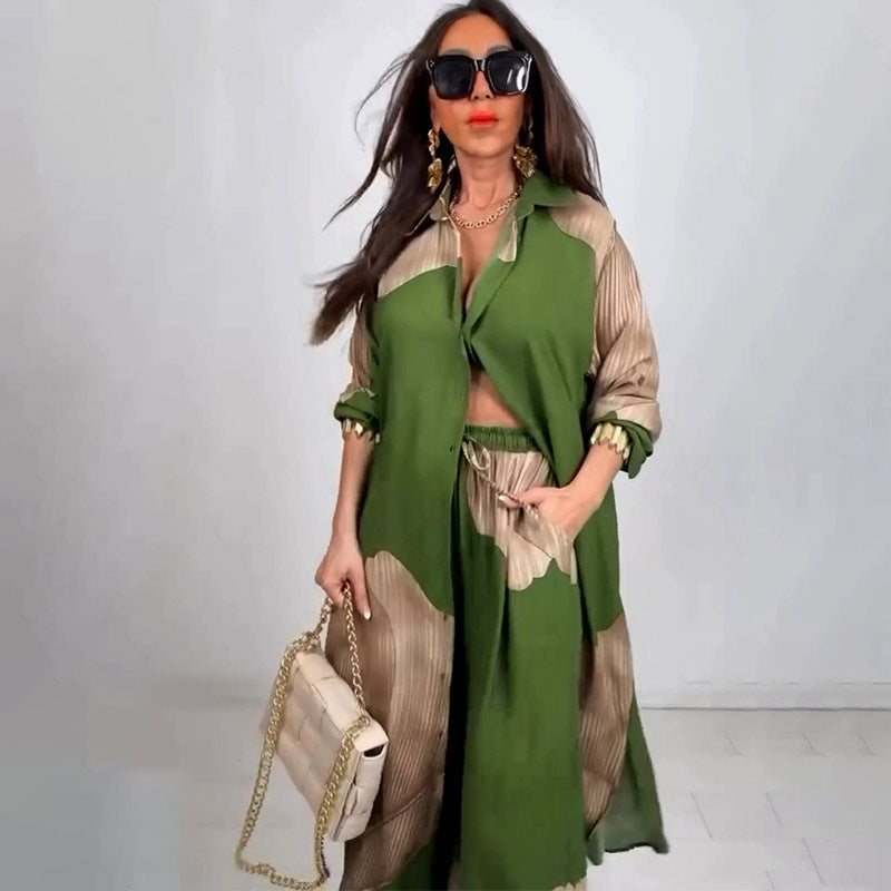 Ensemble deux pièces haut mi-long imprimé et pantalon large