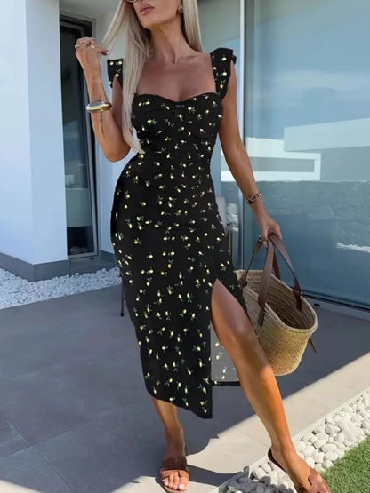 Midi-Kleid mit Schlitz und Herzausschnitt