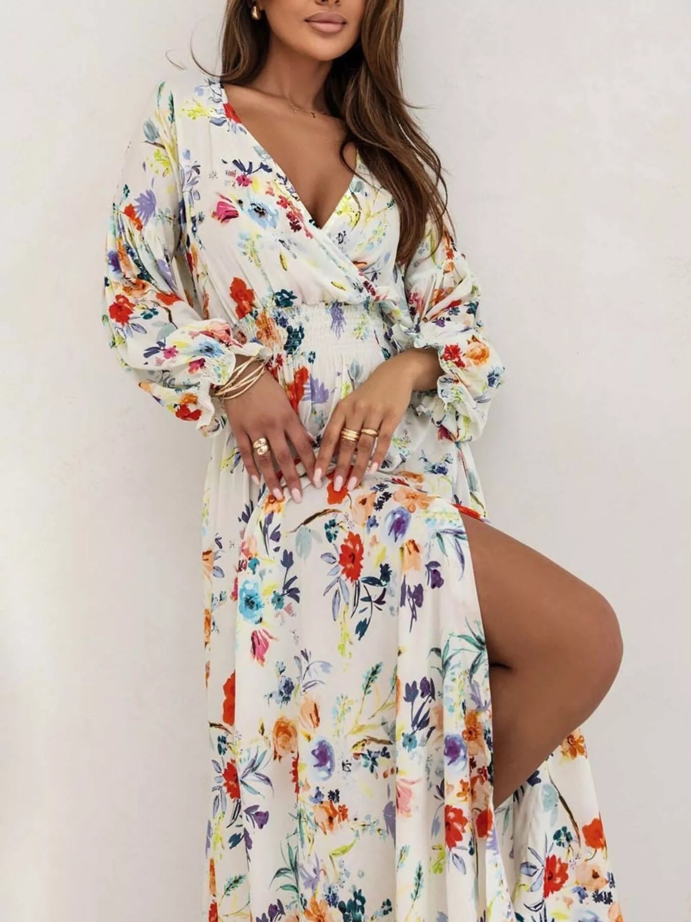 Bohemian Printed Maxi Dress with Plunging Neckline