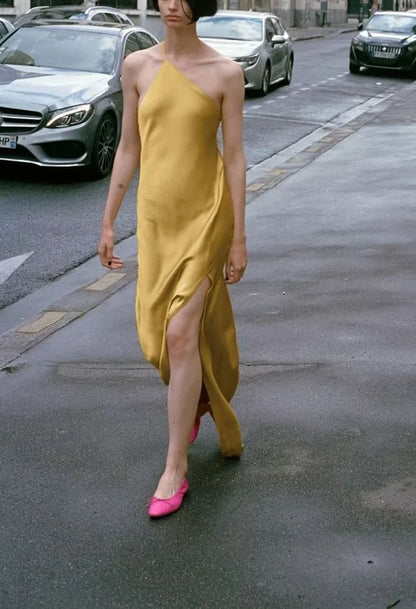 Asymmetrical Yellow Satin Slim-fit Dress