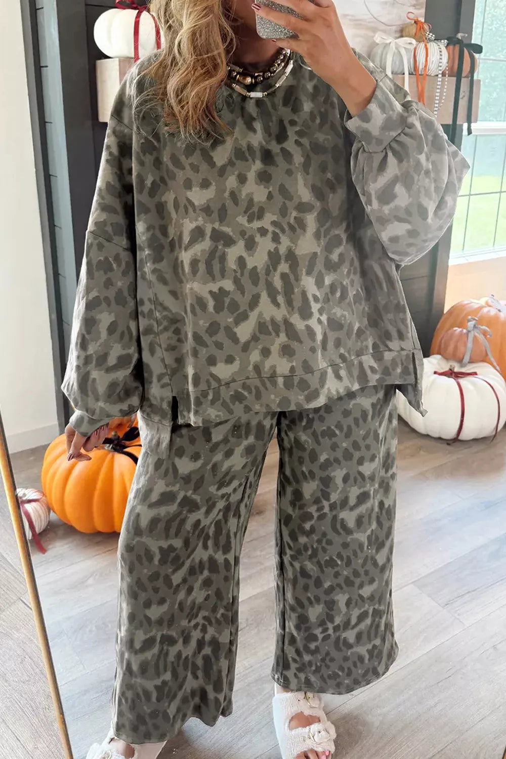 Leopard Print Long Sleeve Top and Pants Set