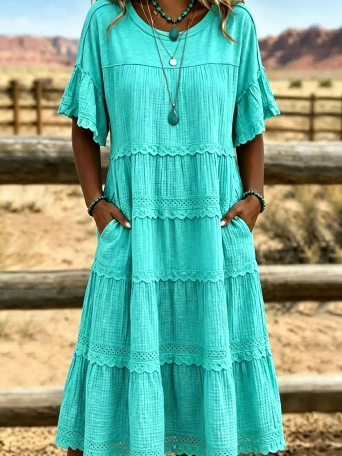 Plus Size Tiered Ruffle Sleeve Midi Dress with Pockets