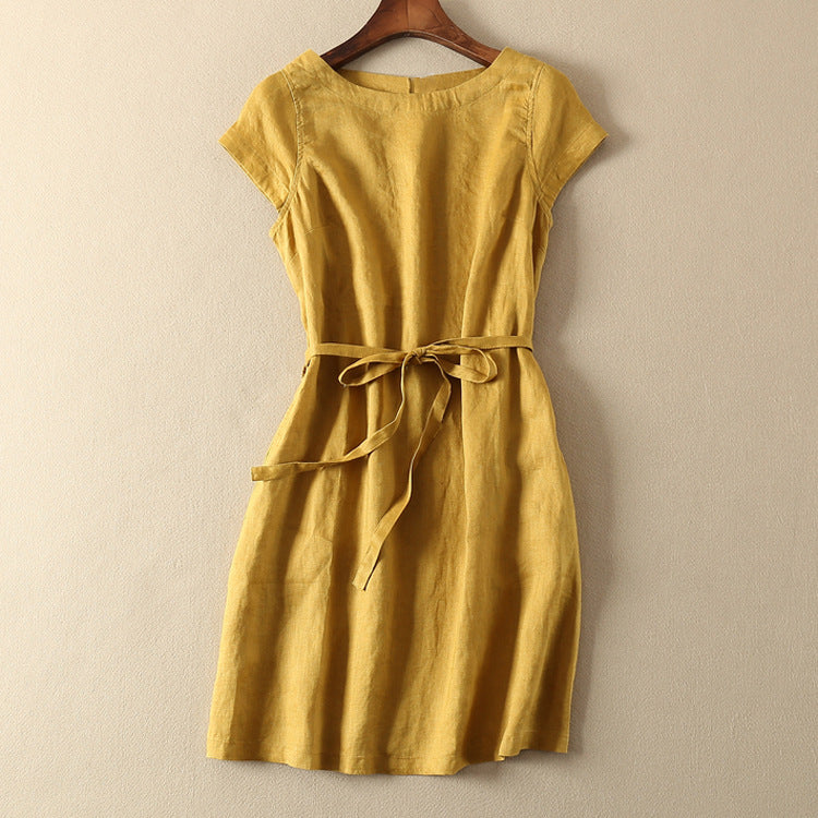 Summer solid color cotton and linen tie dress