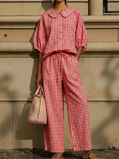 Full Size Plaid Button Up Shirt and Pants Set Plus Size