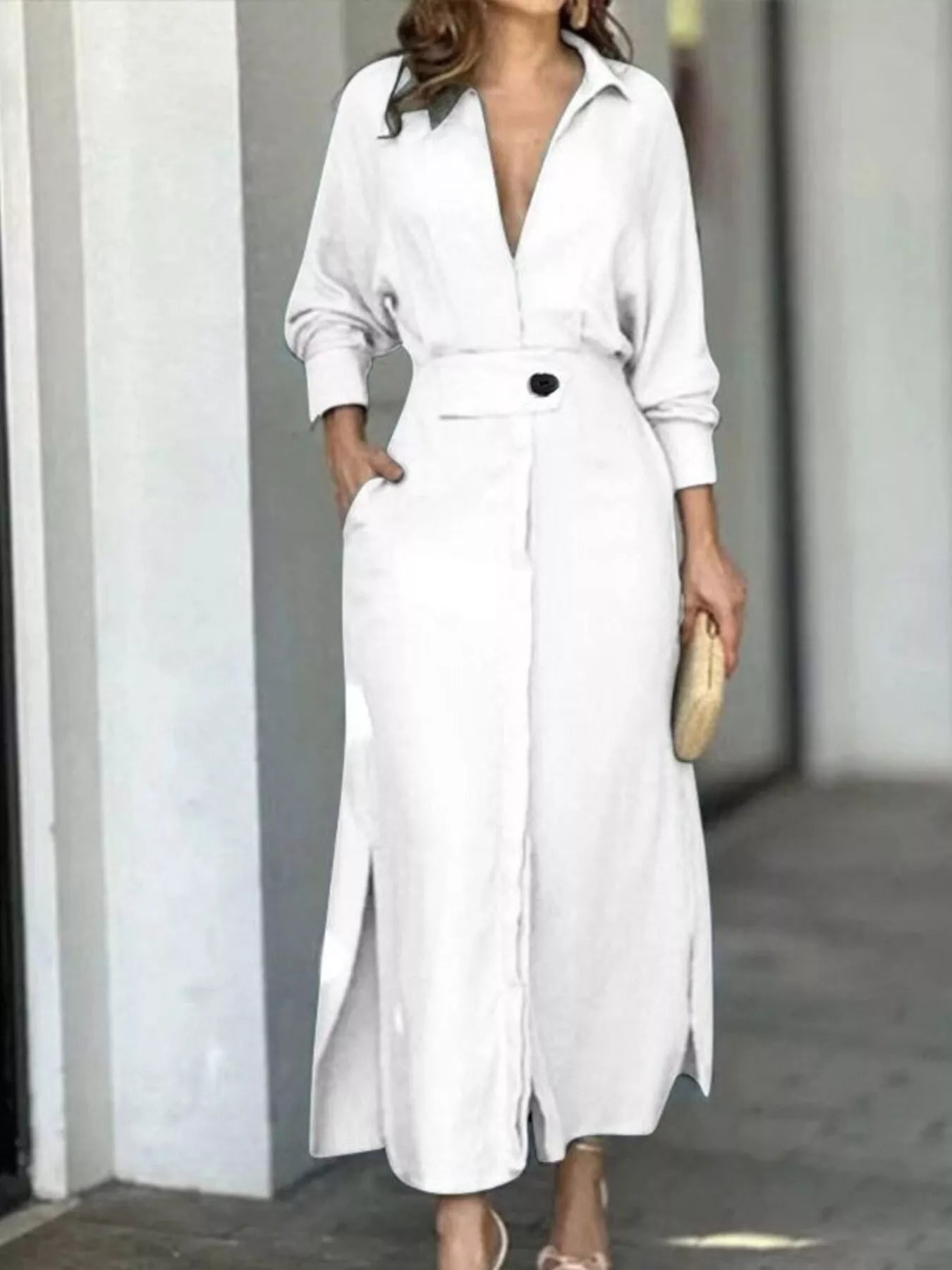Side Slit Long Sleeve Shirt Dress