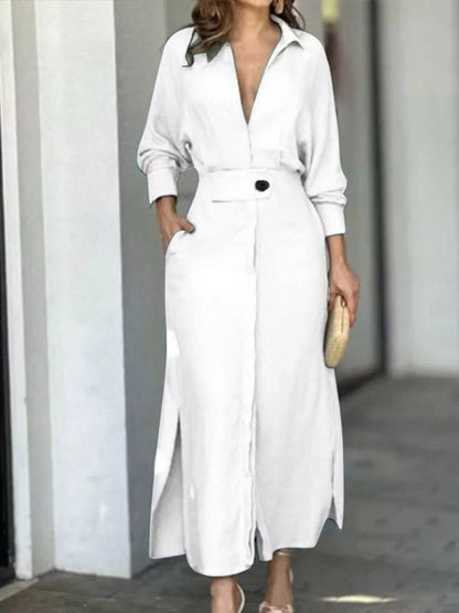 Side Slit Long Sleeve Shirt Dress