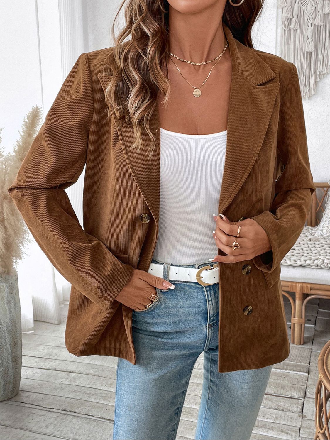 Blue Zone Planet | Perfee Decorative Pocket Flap Lapel Collar Long Sleeve Outerwear