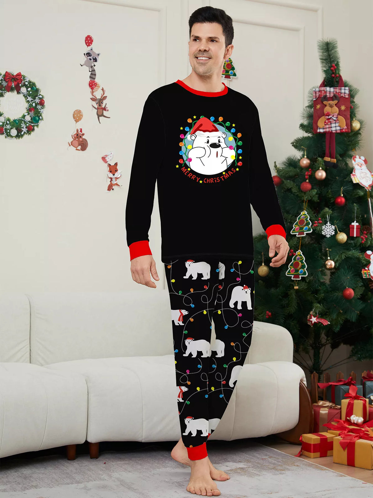 Full Size Family Matching Christmas Pajamas Set with Polar Bear Print Plus Size