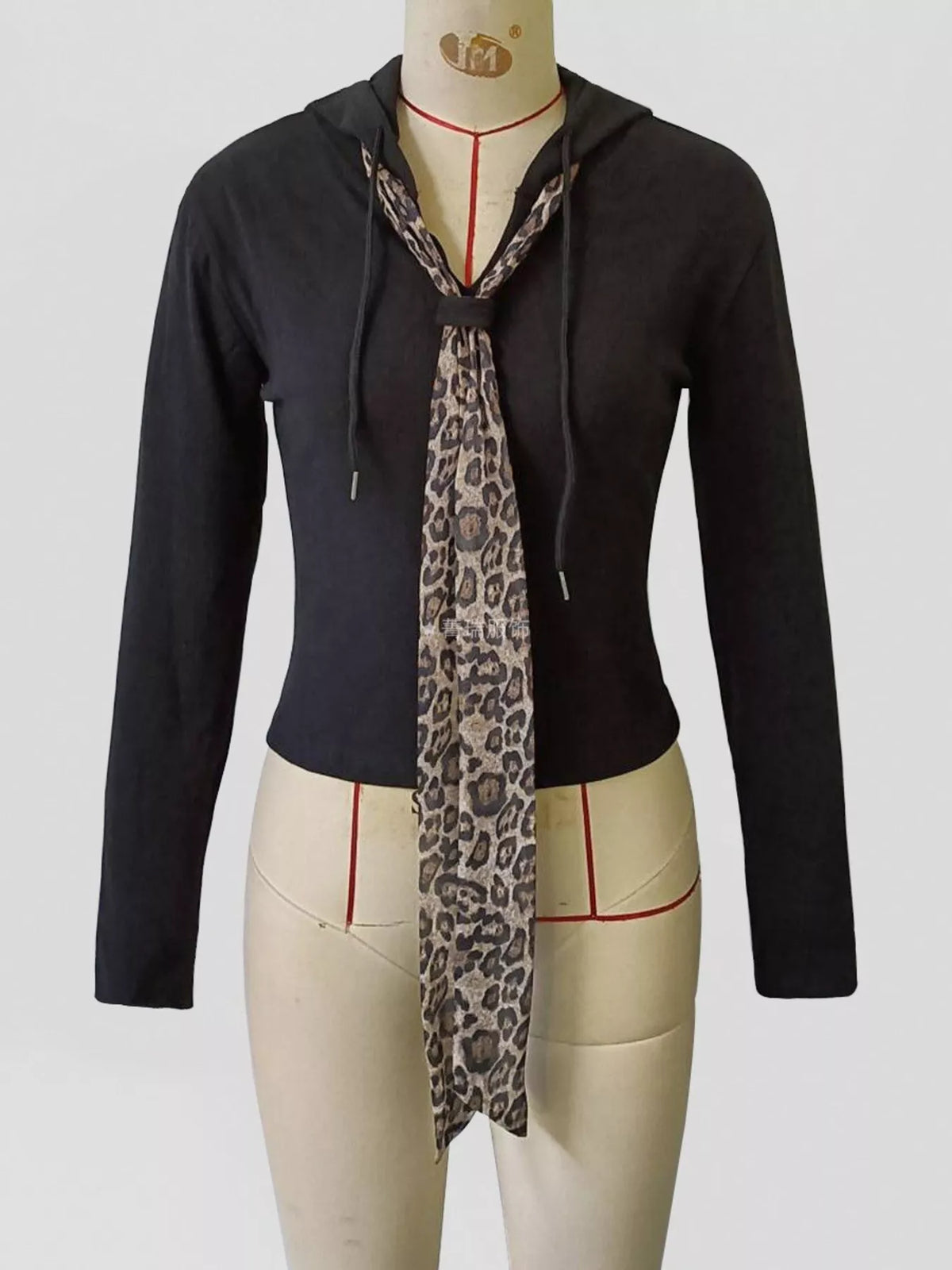 Long Sleeve Hooded T-Shirt with Leopard Scarf Detail