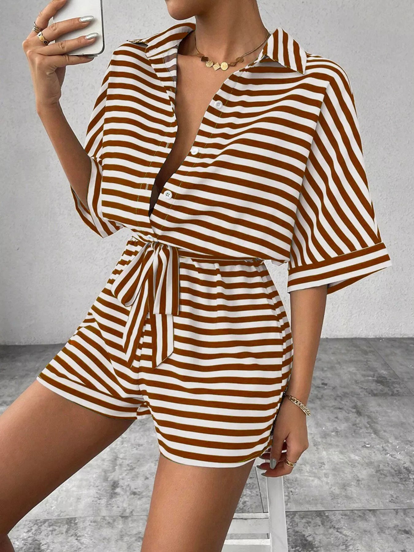 Striped Button Front Half Sleeve Romper