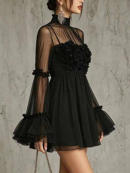 Sheer Mesh Rose Applique Mini Dress