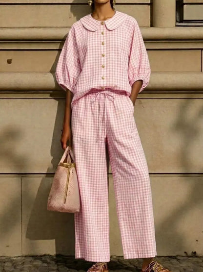 Full Size Plaid Button Up Shirt and Pants Set Plus Size