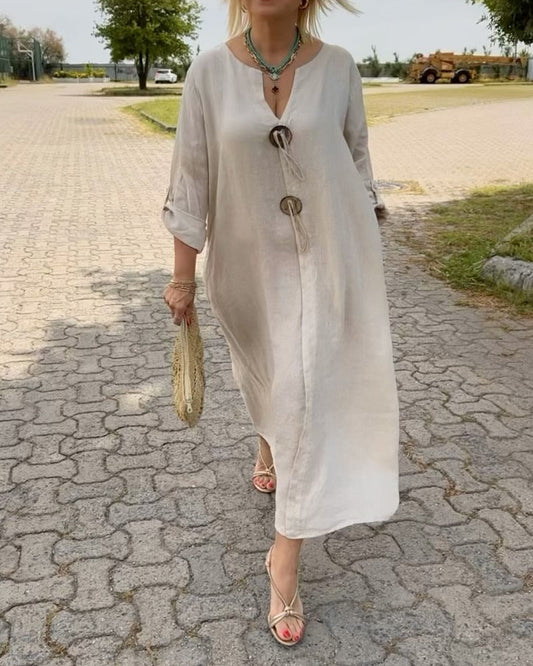 Casual Cotton Linen V-neck Button Decorative Dress