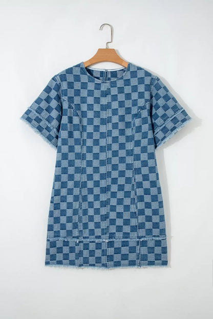 Frayed Hem Checkered Denim Mini Dress
