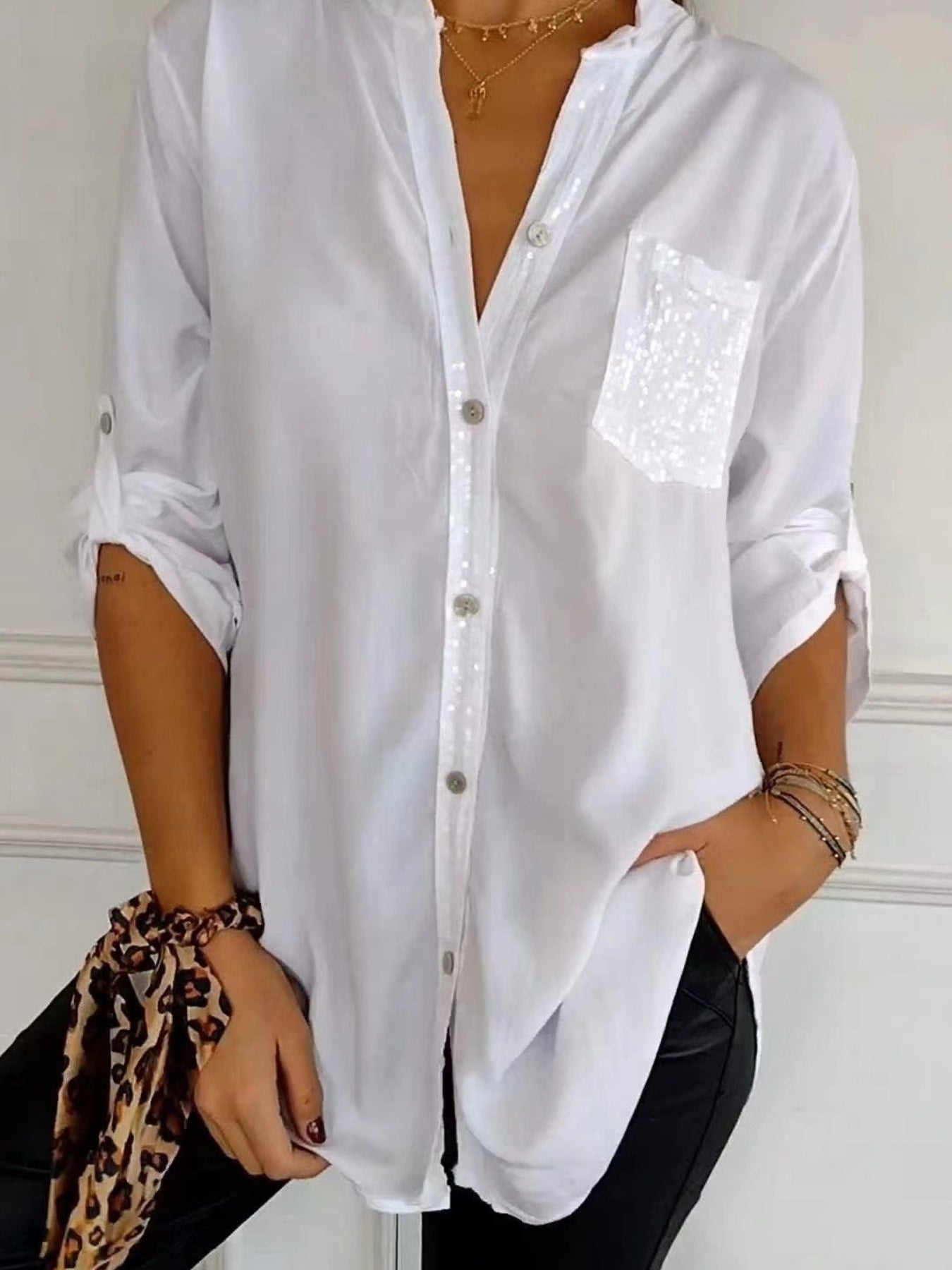 Full Size Sequin Detail Button-Down Shirt Plus Size