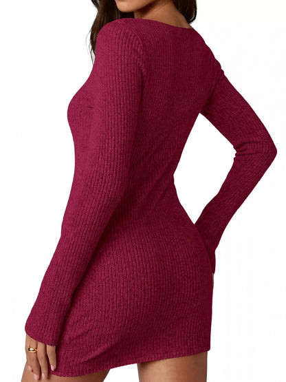 Ribbed Knit Long Sleeve Slim Fit Sweater Dress