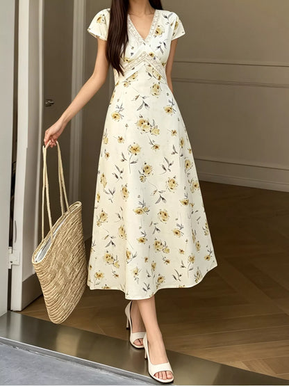 Floral V-Neck Midi Dress with Lace Trim
