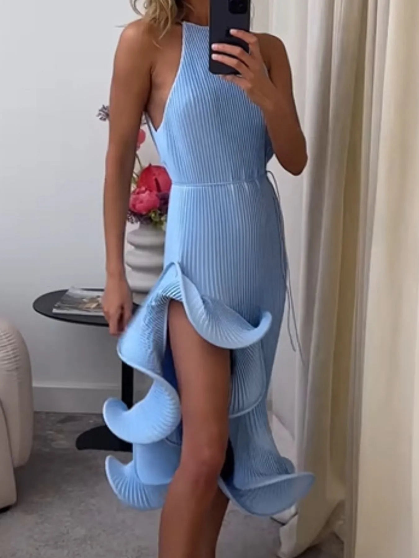 Ruffle Hem Ribbed Sleeveless Dress